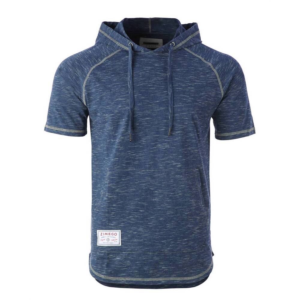 NEW ZIMEGO men's short sleeve pullover pocket hipster thin hoodie in navy